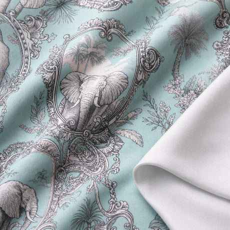 Macro close-up of the Animalia cotton sateen duvet fabric with elephant panel motif