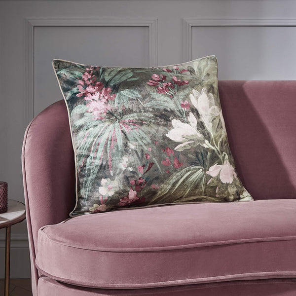 Anthea Floral Velour Cushion Green - Ideal
