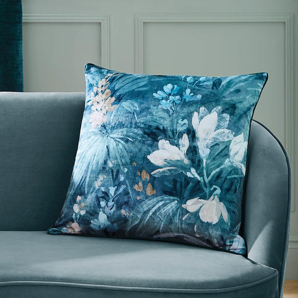 Anthea Floral Velour Cushion Rich Teal - Ideal