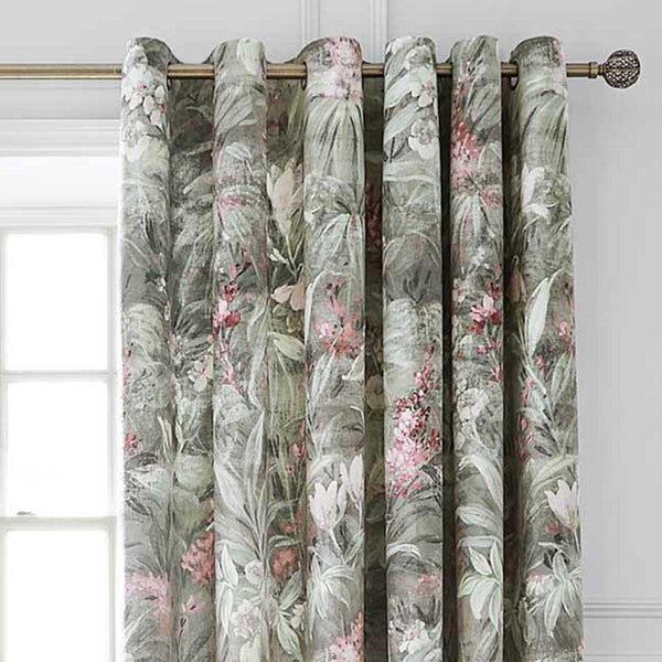 Anthea Floral Velour Weighted Eyelet Curtains Green - Ideal