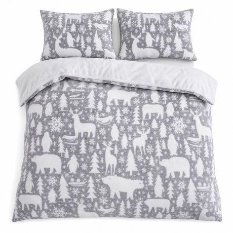 Overhead flat lay of the Arctic Animals Cosy Microfibre Duvet Cover Set with two matching pillowcases