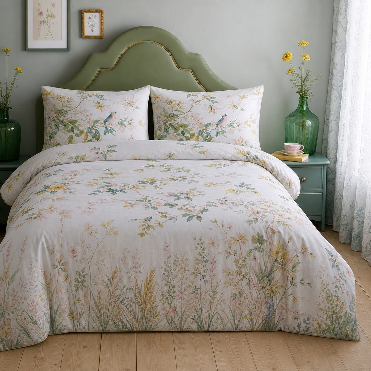 Arianna Natural cotton duvet cover set styled on a fresh botanical bedroom bed