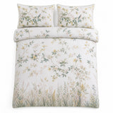 Overhead flat lay of the Arianna Natural cotton duvet cover set with two matching pillowcases