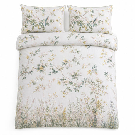 Overhead flat lay of the Arianna Natural cotton duvet cover set with two matching pillowcases
