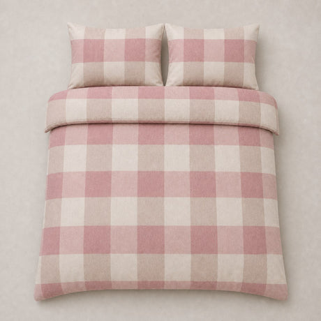 Overhead flat lay of the Ashford Check Cosy Flannelette Duvet Cover Set in natural with two matching pillowcases