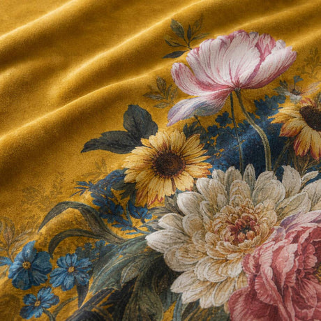 Macro close-up of Ashington mustard velvet fabric with large floral bouquet print