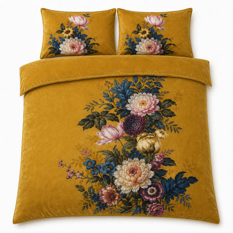 Overhead flat lay of the Ashington floral velvet duvet cover set with two pillows