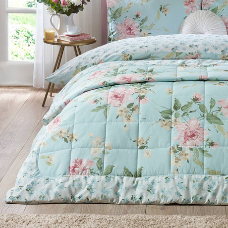 Catherine Lansfield Avebury Floral Reversible Quilted 220x230cm Bedspread Duck Egg Blue