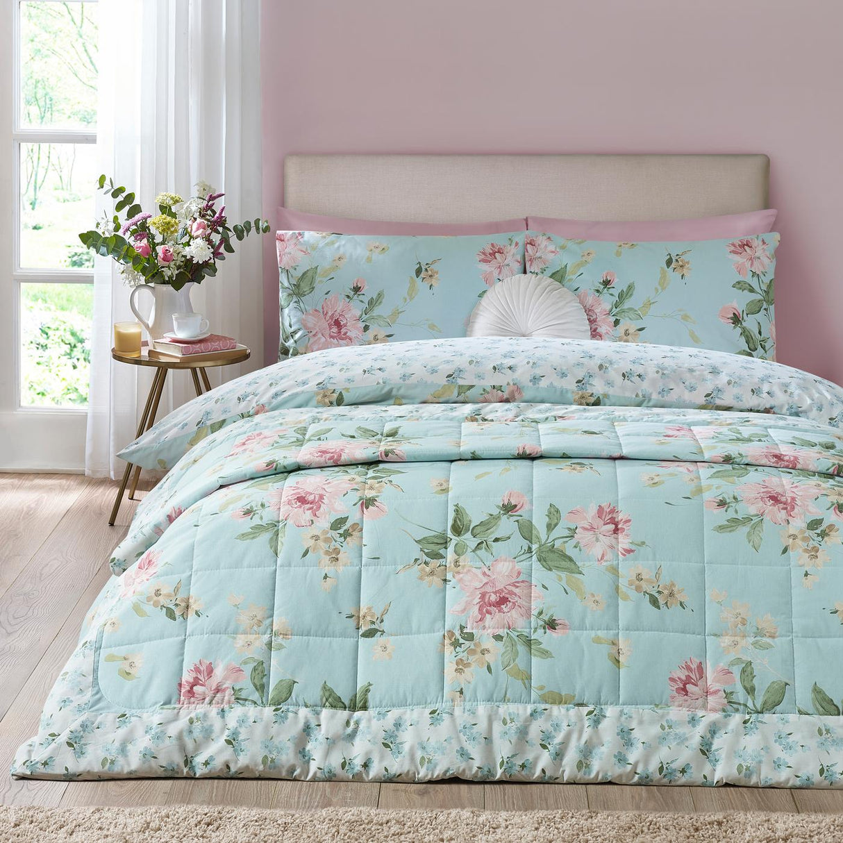 Catherine Lansfield Avebury Floral Reversible Quilted 220x230cm Bedspread Duck Egg Blue