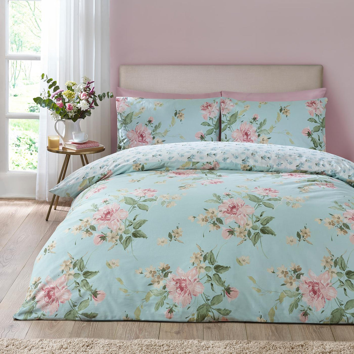 Catherine Lansfield Avebury Floral Reversible Duvet Cover Set with Pillowcase Duck Egg Blue