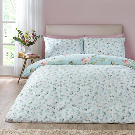 Catherine Lansfield Avebury Floral Reversible Duvet Cover Set with Pillowcase Duck Egg Blue