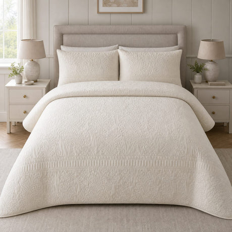Avery Stripe Natural microfibre duvet cover set styled on a bedroom bed