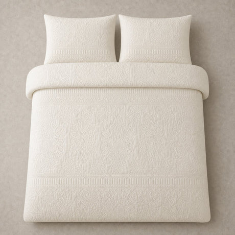 Overhead flat lay of the Avery Stripe Natural duvet cover set with two matching pillowcases