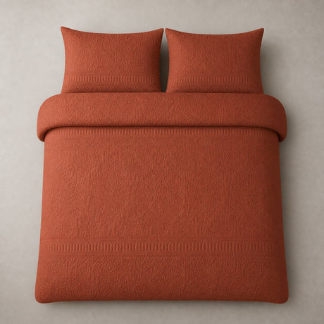 Overhead flat lay of the Avery Stripe Terracotta duvet cover set with two matching pillowcases