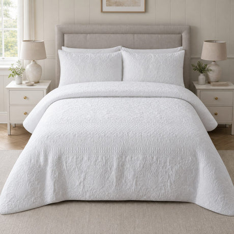 Avery Stripe White microfibre duvet cover set styled on a bedroom bed