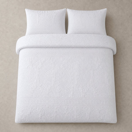 Overhead flat lay of the Avery Stripe White duvet cover set with two matching pillowcases