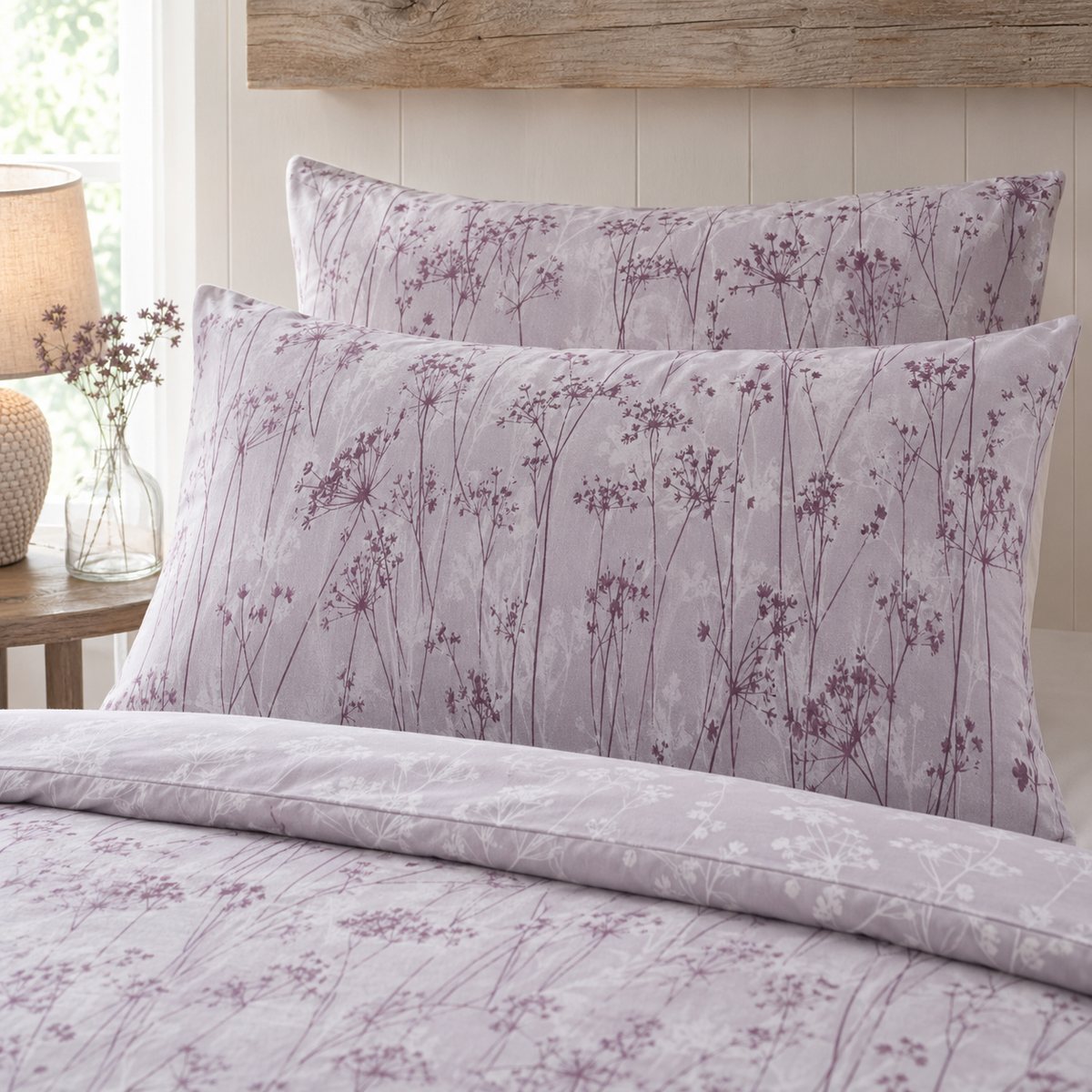 Close-up of matching Azalea Eco Polycotton Duvet Cover Set pillowcases showing the pattern and fabric detail