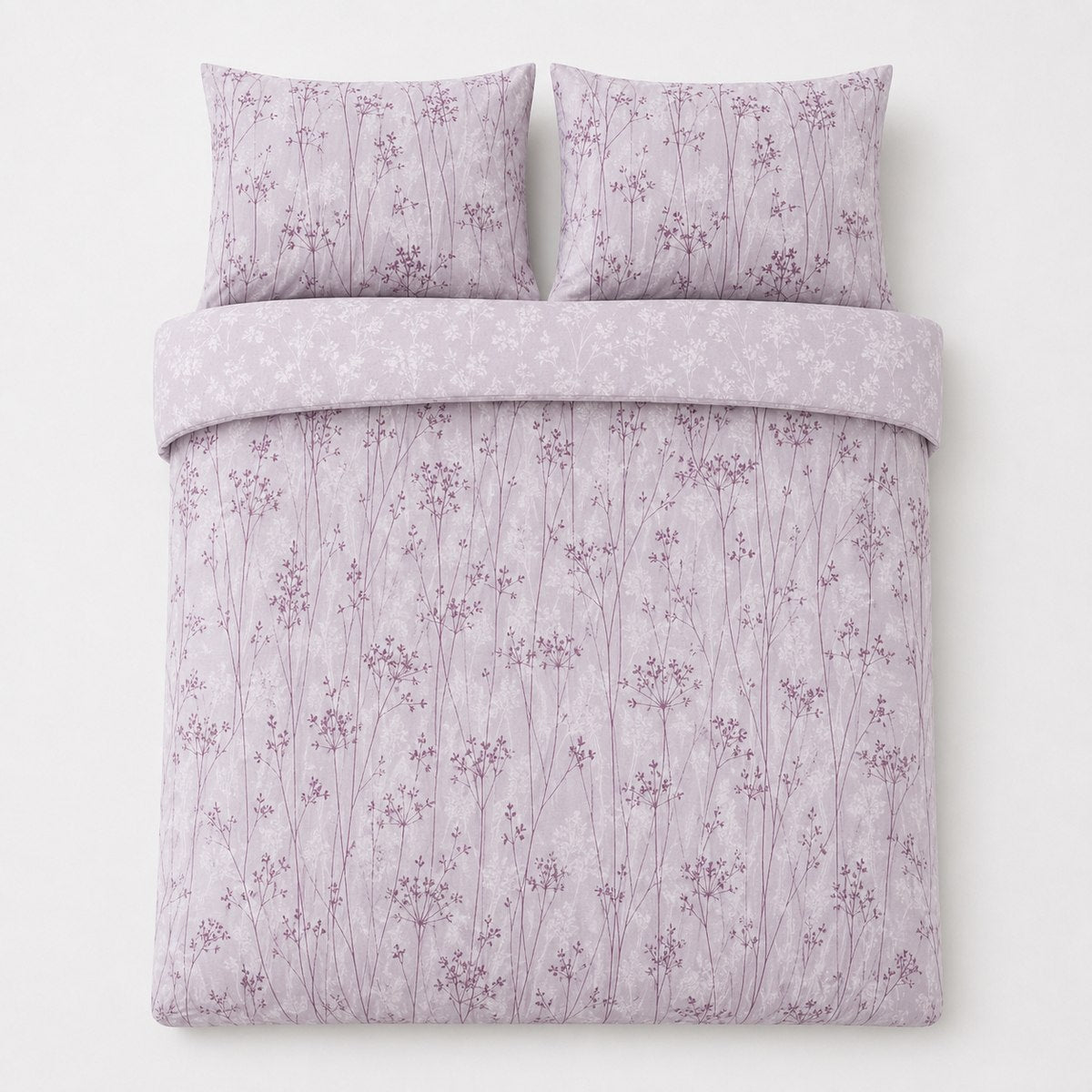 Overhead flat lay of the Azalea Eco Polycotton Duvet Cover Set with two matching pillowcases