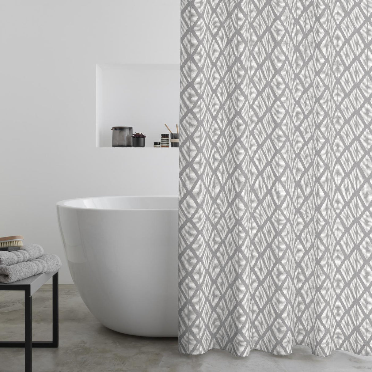 Catherine Lansfield Aztec Diamond 180x180cm Shower Curtain Panel Silver Grey