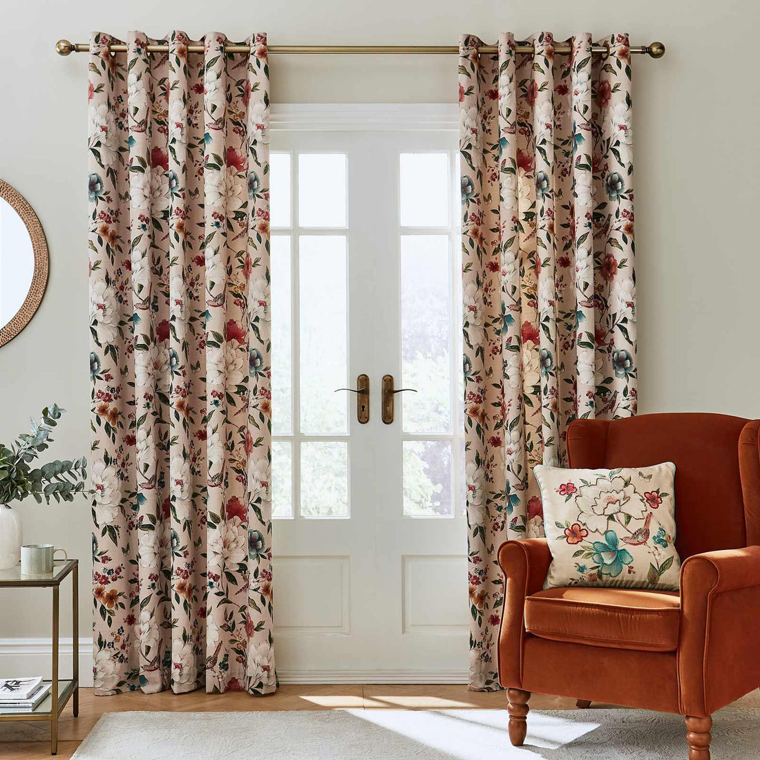 Catherine Lansfield Pippa Floral Birds Thermal Eyelet Curtains