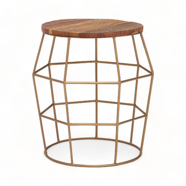 Brass Wireframe Iron and Recycled Wood Side Table