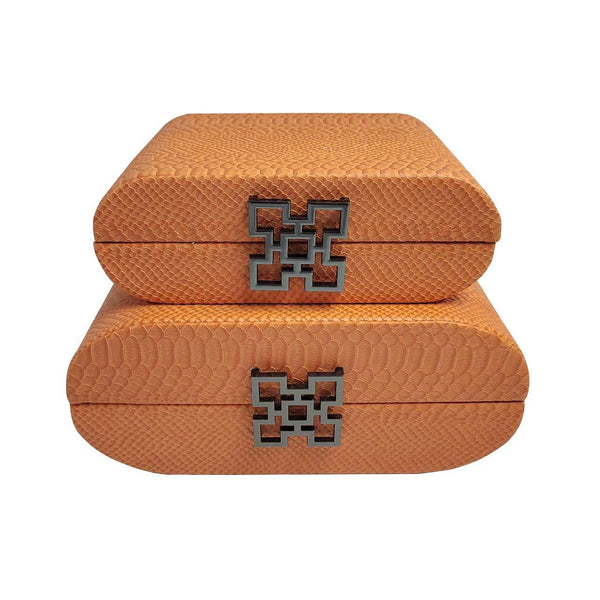 Set of 2 Orange Faux Leather Jewellery Boxes with Gunmetal Handle - 11cm
