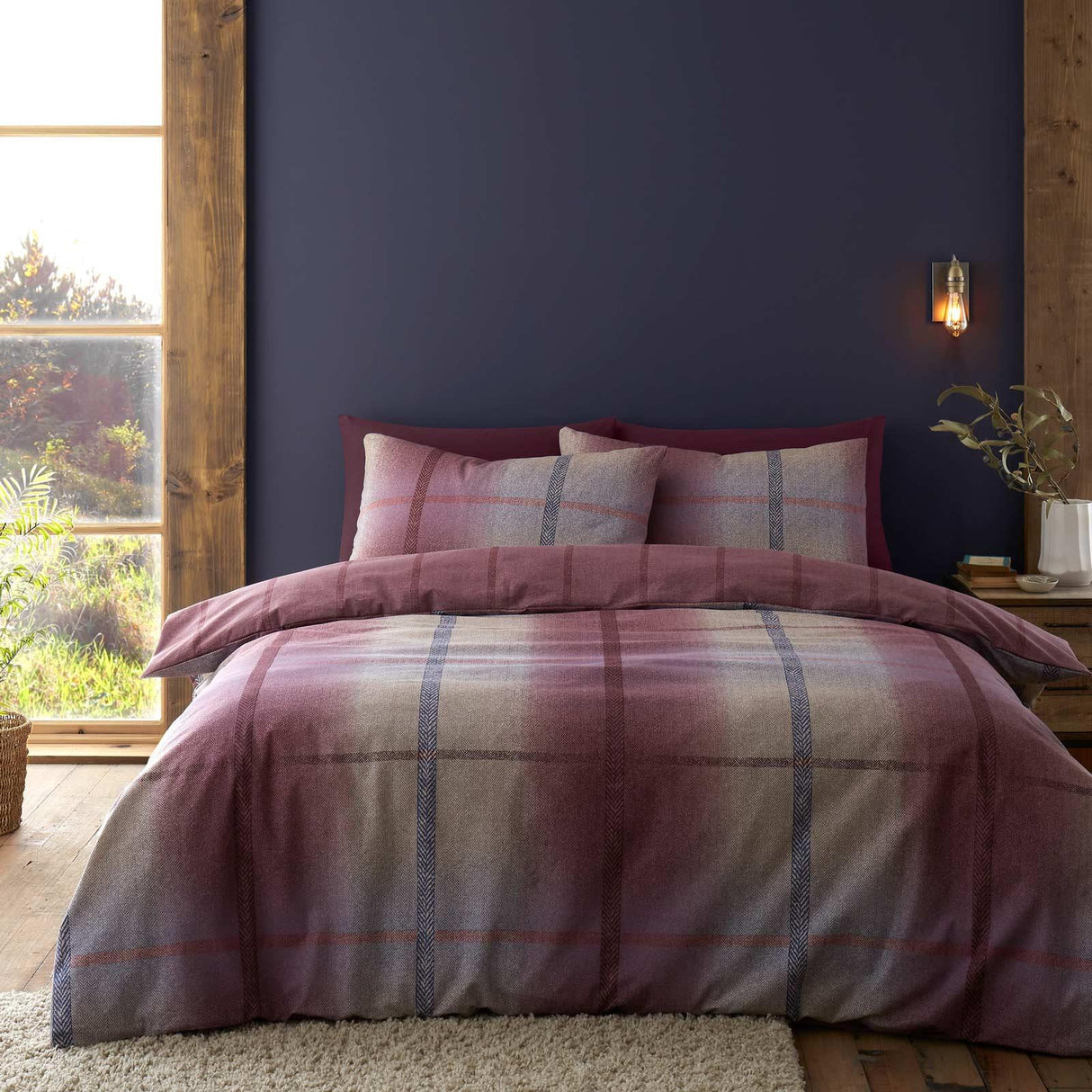 Catherine Lansfield Melrose Tweed Check Brushed Cotton Flannelette Duvet Cover - Plum