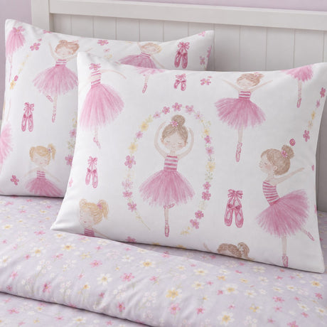 Close-up of matching Ballet Dancer Kids Duvet Cover Set Pink Single & Toddler Bedding pillowcases showing the pattern and fabric detail