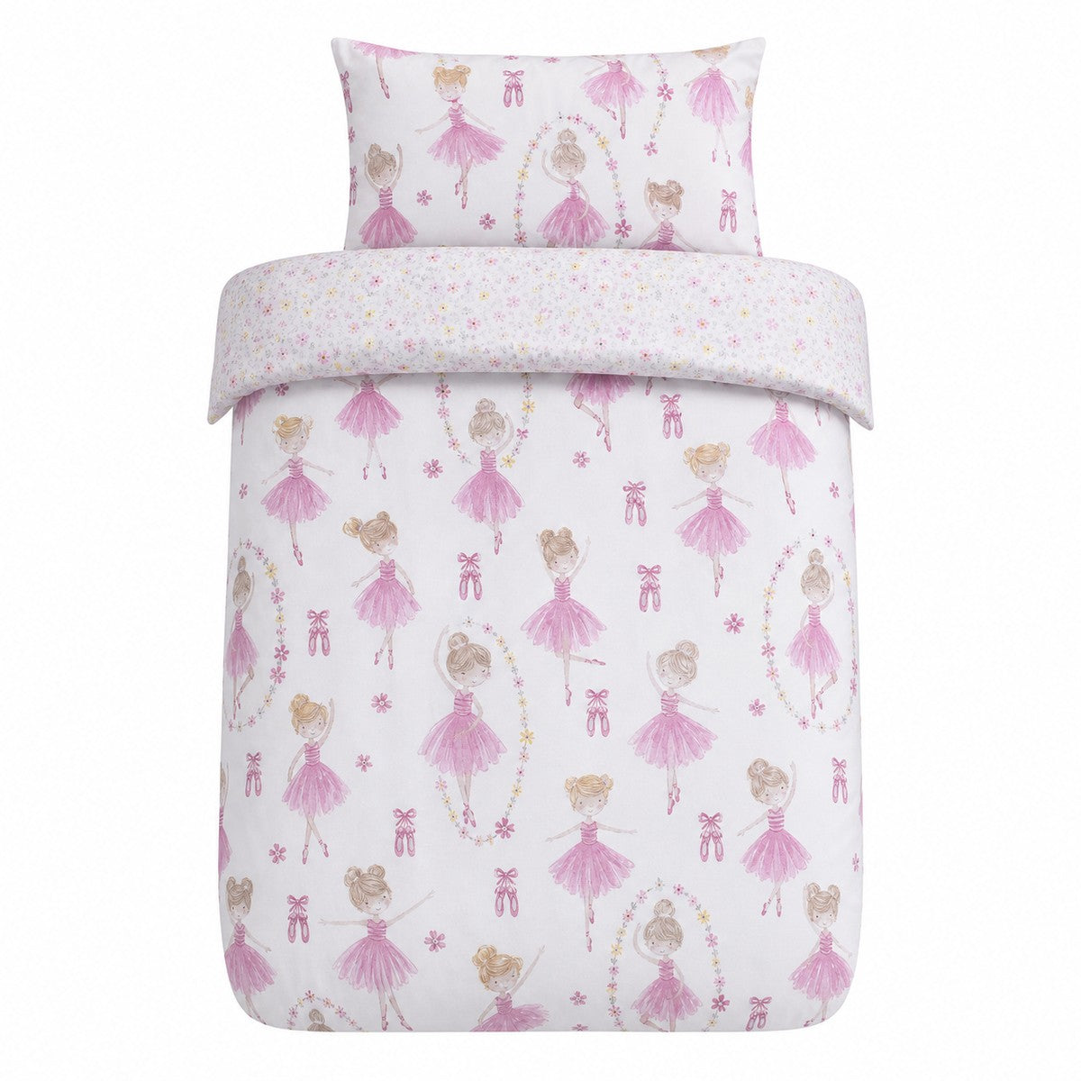 Overhead flat lay of the Ballet Dancer Kids Duvet Cover Set Pink Single & Toddler Bedding with two matching pillowcases