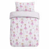 Overhead flat lay of the Ballet Dancer Kids Duvet Cover Set Pink Single & Toddler Bedding with two matching pillowcases
