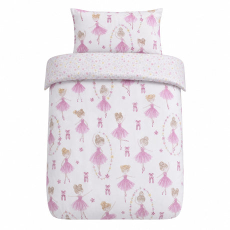 Overhead flat lay of the Ballet Dancer Kids Duvet Cover Set Pink Single & Toddler Bedding with two matching pillowcases