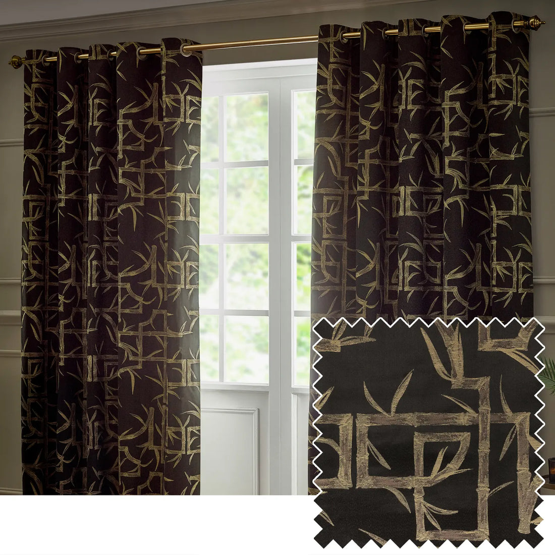 Bamboo Fully Lined Jacquard Eyelet Curtains Black
