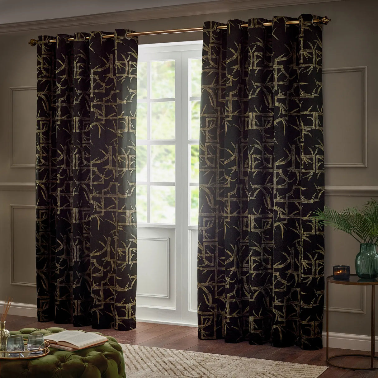 Bamboo Fully Lined Jacquard Eyelet Curtains Black - image 3