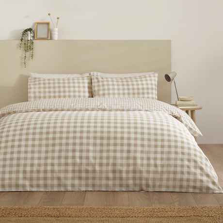 Catherine Lansfield Bamford Gingham Check Reversible Duvet Cover Set with Pillowcase Natural