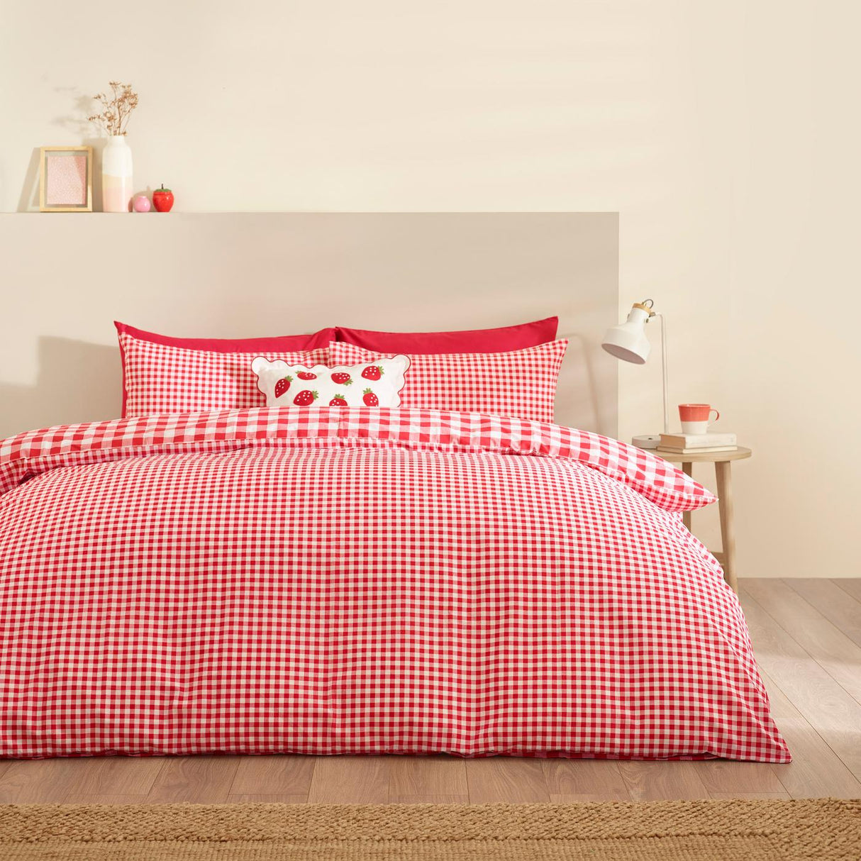 Catherine Lansfield Bamford Gingham Check Reversible Duvet Cover Set with Pillowcase Red