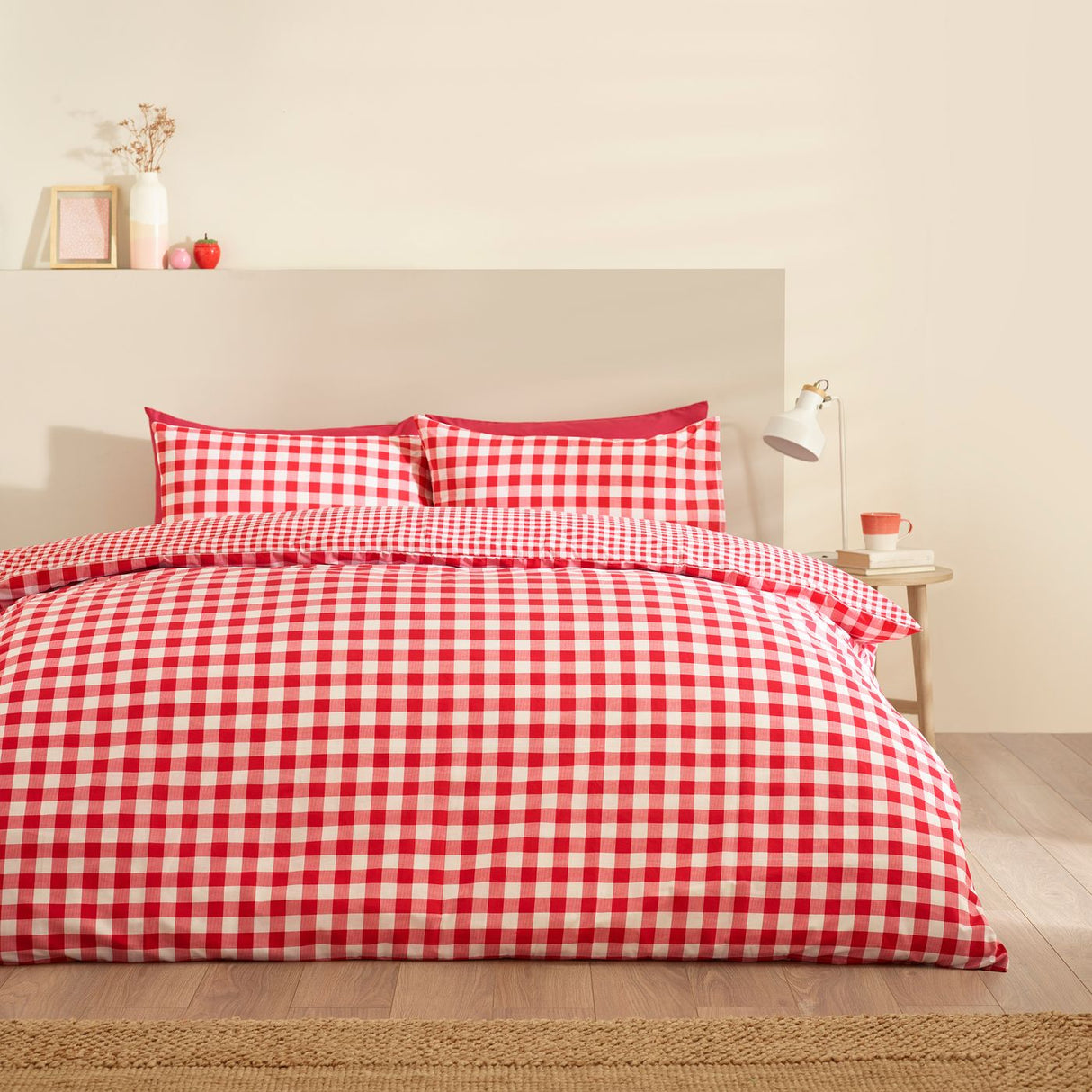Catherine Lansfield Bamford Gingham Check Reversible Duvet Cover Set with Pillowcase Red