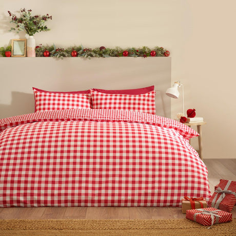 Catherine Lansfield Bamford Gingham Check Reversible Duvet Cover Set with Pillowcase Red