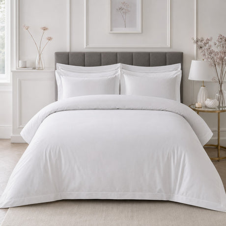 Baratta 100% Cotton White Duvet Cover Set styled on a bed in a coordinated bedroom lifestyle scene