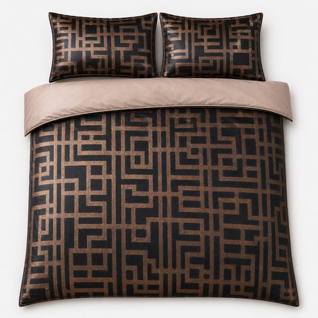 Overhead flat lay of the Bardon geometric jacquard duvet cover set with two pillows