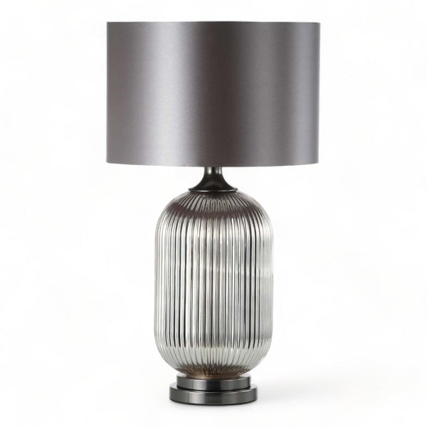Chrome Pleated Glass Table Lamp with Silver Satin Shade - 77.5cm