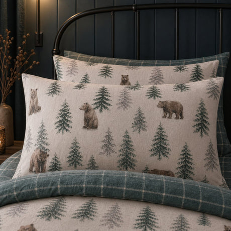 Close-up of matching Bear Walks Brushed Cotton Flannelette Duvet Cover Set pillowcases showing the pattern and fabric detail