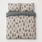 Overhead flat lay of the Bear Walks Brushed Cotton Flannelette Duvet Cover Set with two matching pillowcases