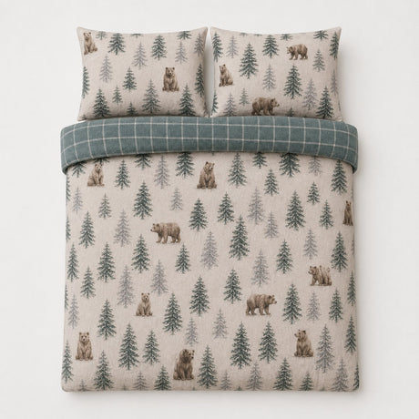 Overhead flat lay of the Bear Walks Brushed Cotton Flannelette Duvet Cover Set with two matching pillowcases