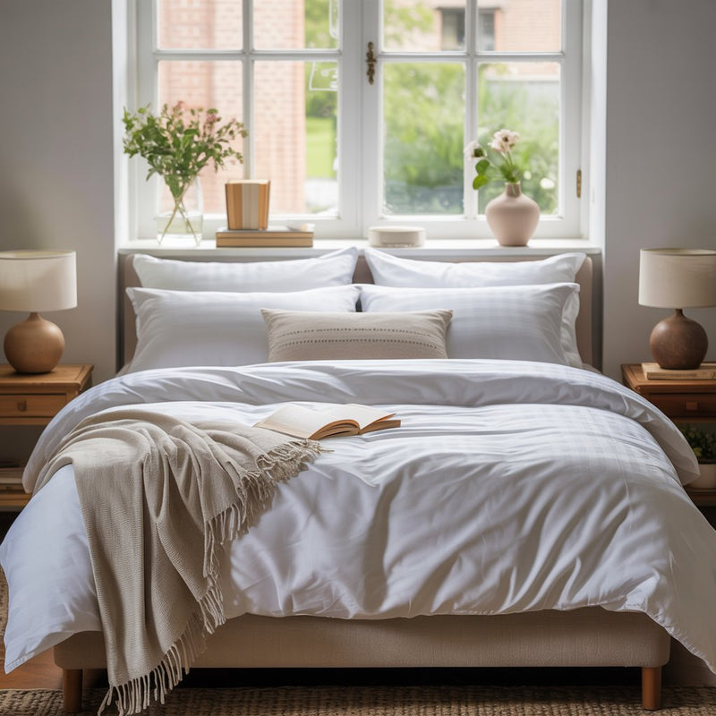 Neatly made bed with white bedding and a beige throw blanket in a bright bedroom.