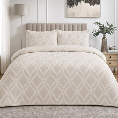 Belfort Soft Microfibre Duvet Cover Set in champagne styled on a coordinated bedroom bed