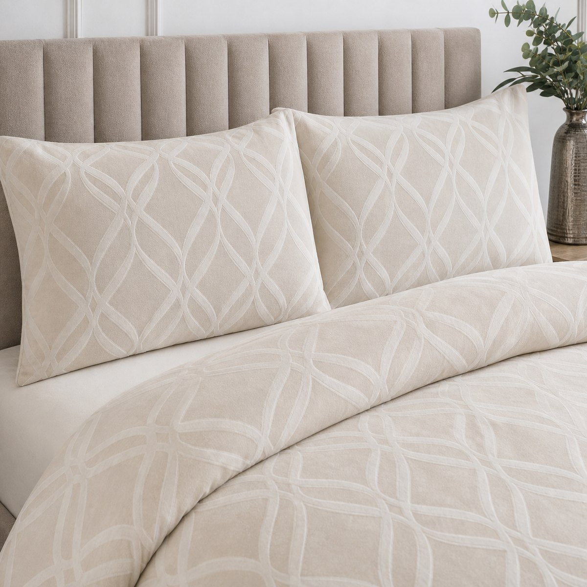 Close-up of Belfort Soft Microfibre Duvet Cover Set in champagne pillowcases showing the print and fabric detail