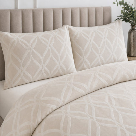 Close-up of Belfort Soft Microfibre Duvet Cover Set in champagne pillowcases showing the print and fabric detail