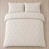 Overhead flat lay of the Belfort Soft Microfibre Duvet Cover Set in champagne with two matching pillowcases
