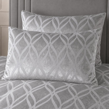 Close-up of Belfort Velvet silver pillowcases showing the raised lattice pattern