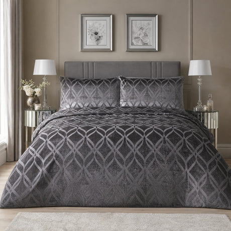 Belfort Velvet slate duvet cover set styled on a neutral bedroom bed